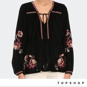 Topshop Black Velvet Embroidered Blouse
